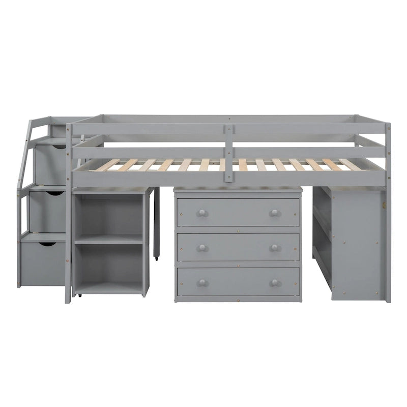 Full Wood Loft Bed with Retractable Desk, Drawers, Storage Stairs, Shelves