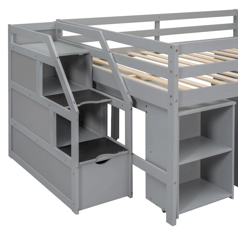 Full Wood Loft Bed with Retractable Desk, Drawers, Storage Stairs, Shelves