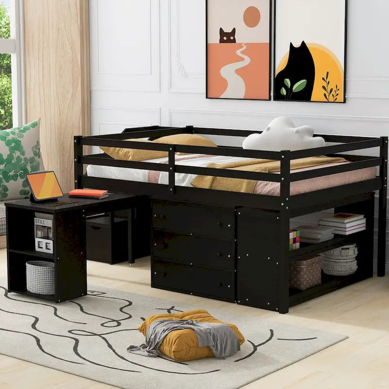 Full Wood Loft Bed with Retractable Desk, Drawers, Storage Stairs, Shelves