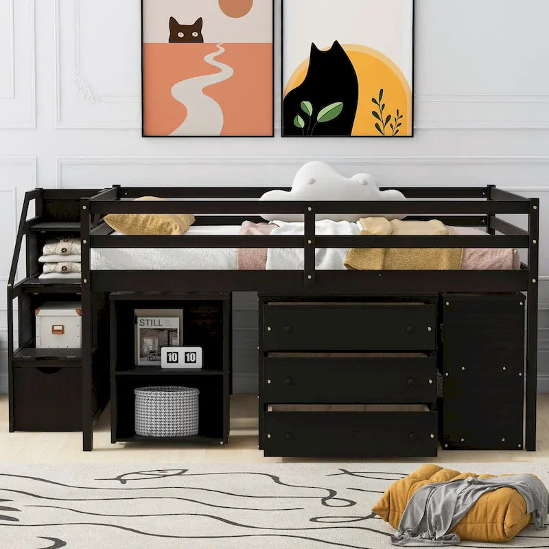 Full Wood Loft Bed with Retractable Desk, Drawers, Storage Stairs, Shelves