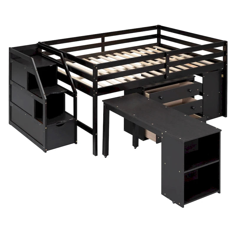 Full Wood Loft Bed with Retractable Desk, Drawers, Storage Stairs, Shelves