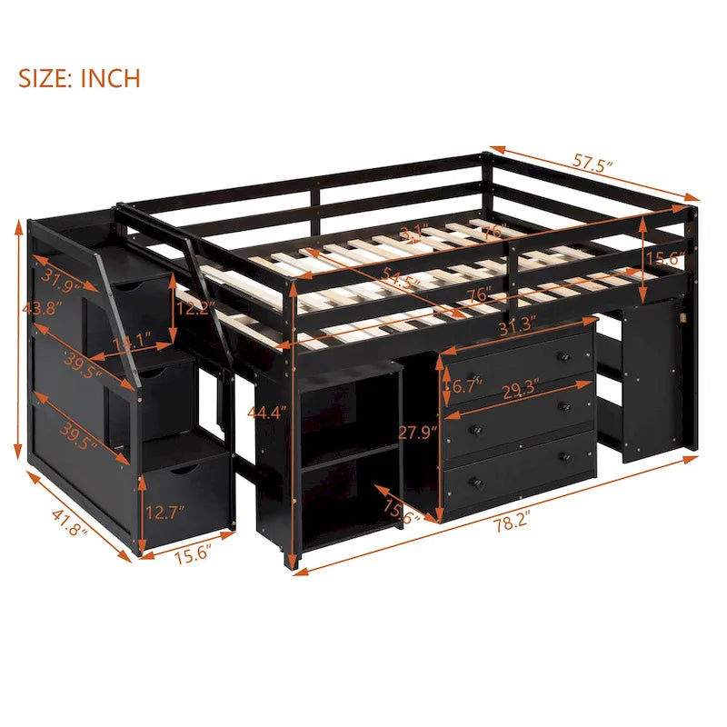 Full Wood Loft Bed with Retractable Desk, Drawers, Storage Stairs, Shelves