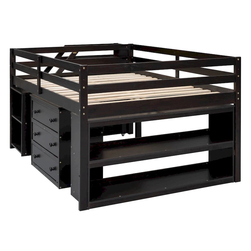 Full Wood Loft Bed with Retractable Desk, Drawers, Storage Stairs, Shelves