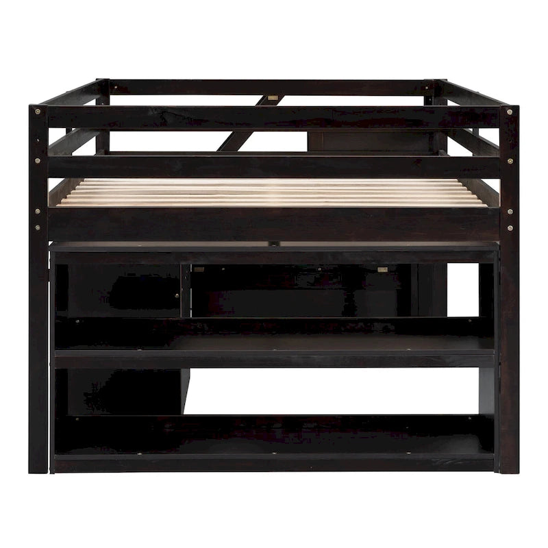 Full Wood Loft Bed with Retractable Desk, Drawers, Storage Stairs, Shelves