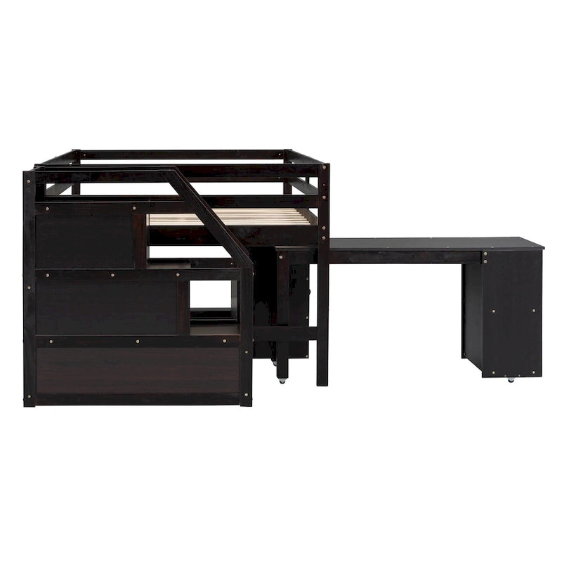 Full Wood Loft Bed with Retractable Desk, Drawers, Storage Stairs, Shelves