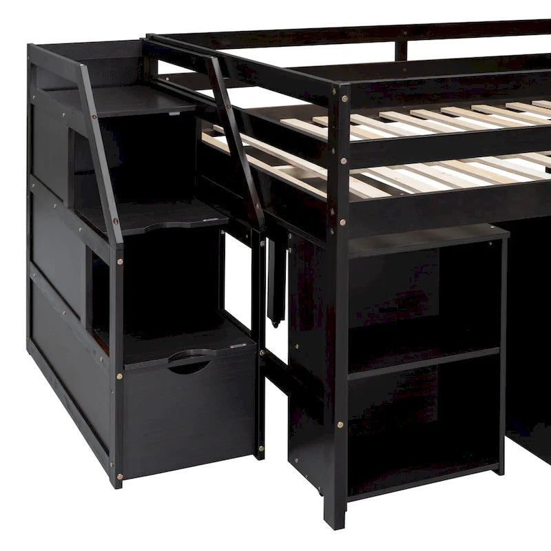 Full Wood Loft Bed with Retractable Desk, Drawers, Storage Stairs, Shelves