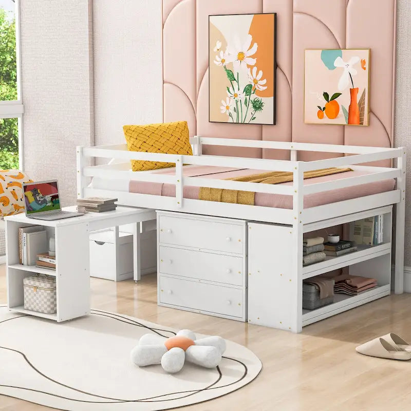 Full Wood Loft Bed with Retractable Desk, Drawers, Storage Stairs, Shelves