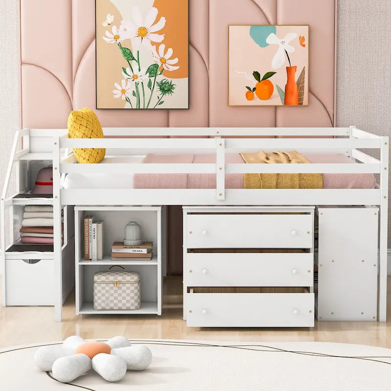 Full Wood Loft Bed with Retractable Desk, Drawers, Storage Stairs, Shelves