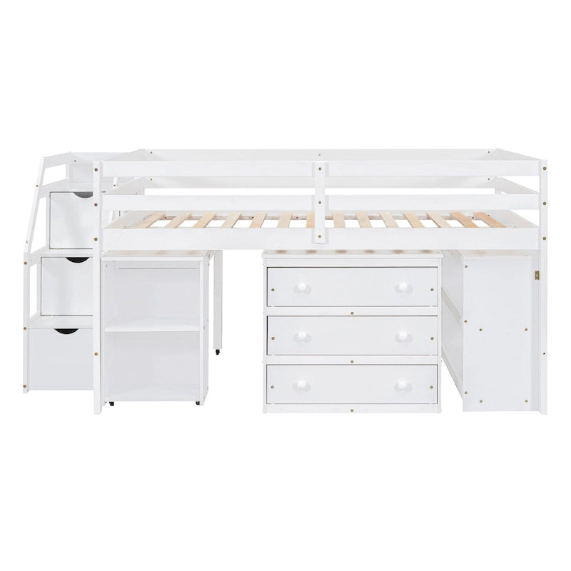 Full Wood Loft Bed with Retractable Desk, Drawers, Storage Stairs, Shelves