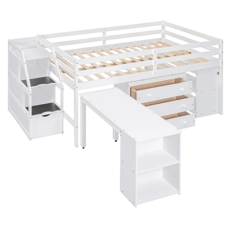 Full Wood Loft Bed with Retractable Desk, Drawers, Storage Stairs, Shelves