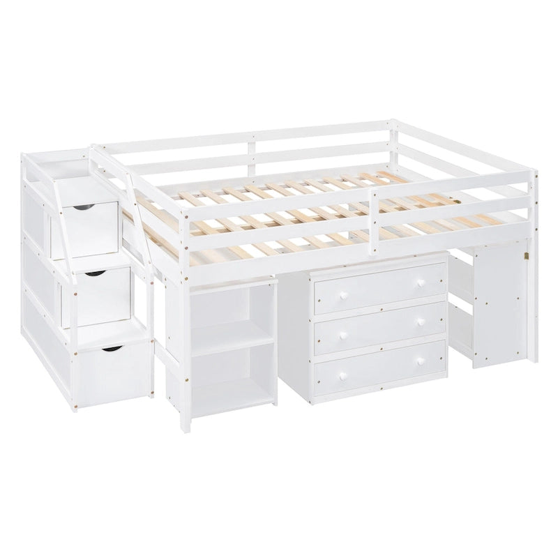 Full Wood Loft Bed with Retractable Desk, Drawers, Storage Stairs, Shelves