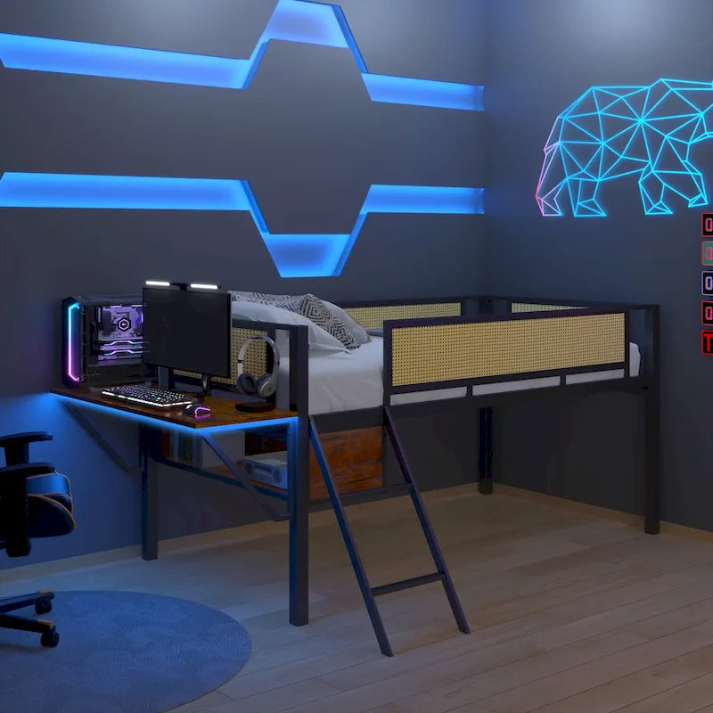 Twin Metal Loft Bed with Desk, LED Lights, Shelves, and Storage Bags