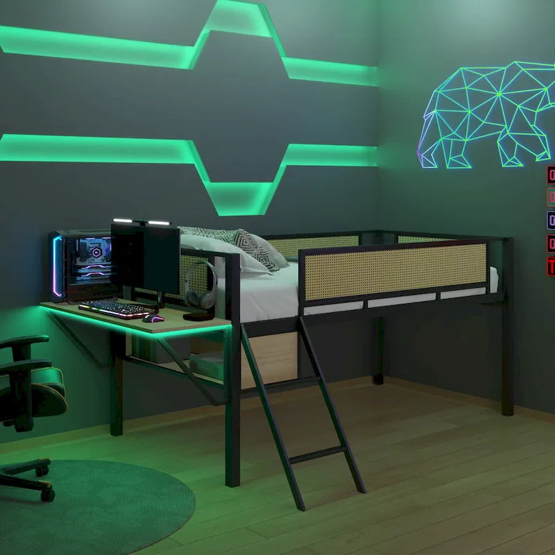 Twin Metal Loft Bed with Desk, LED Lights, Shelves, and Storage Bags