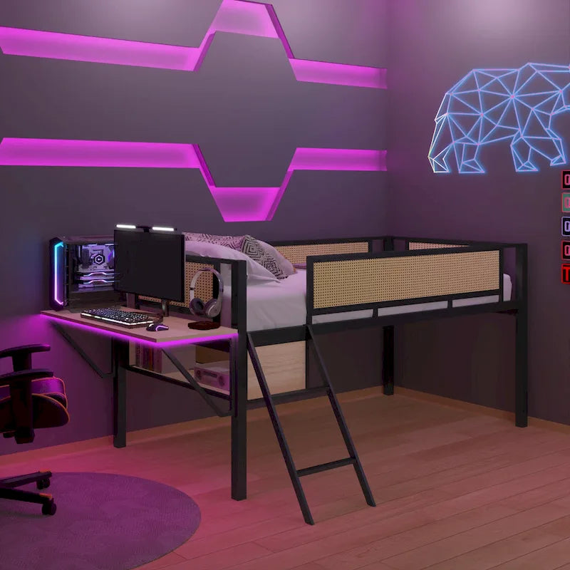 Twin Metal Loft Bed with Desk, LED Lights, Shelves, and Storage Bags