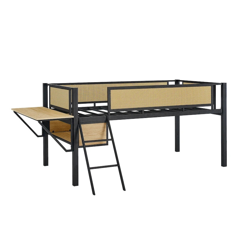 Twin Metal Loft Bed with Desk, LED Lights, Shelves, and Storage Bags