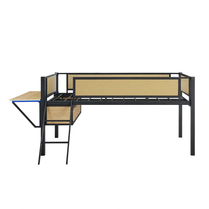 Twin Metal Loft Bed with Desk, LED Lights, Shelves, and Storage Bags