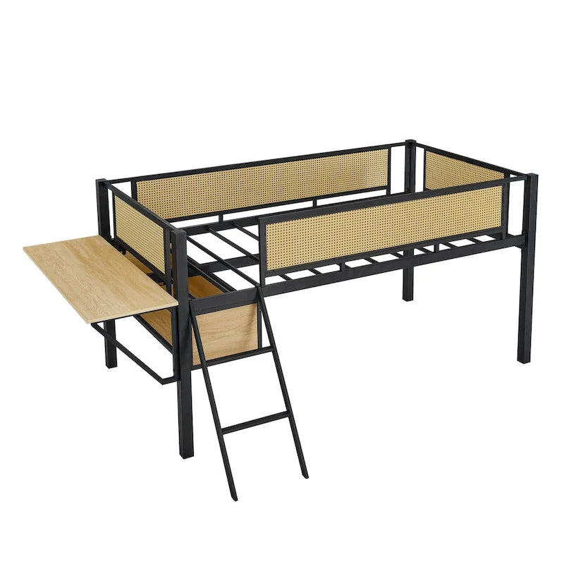 Twin Metal Loft Bed with Desk, LED Lights, Shelves, and Storage Bags