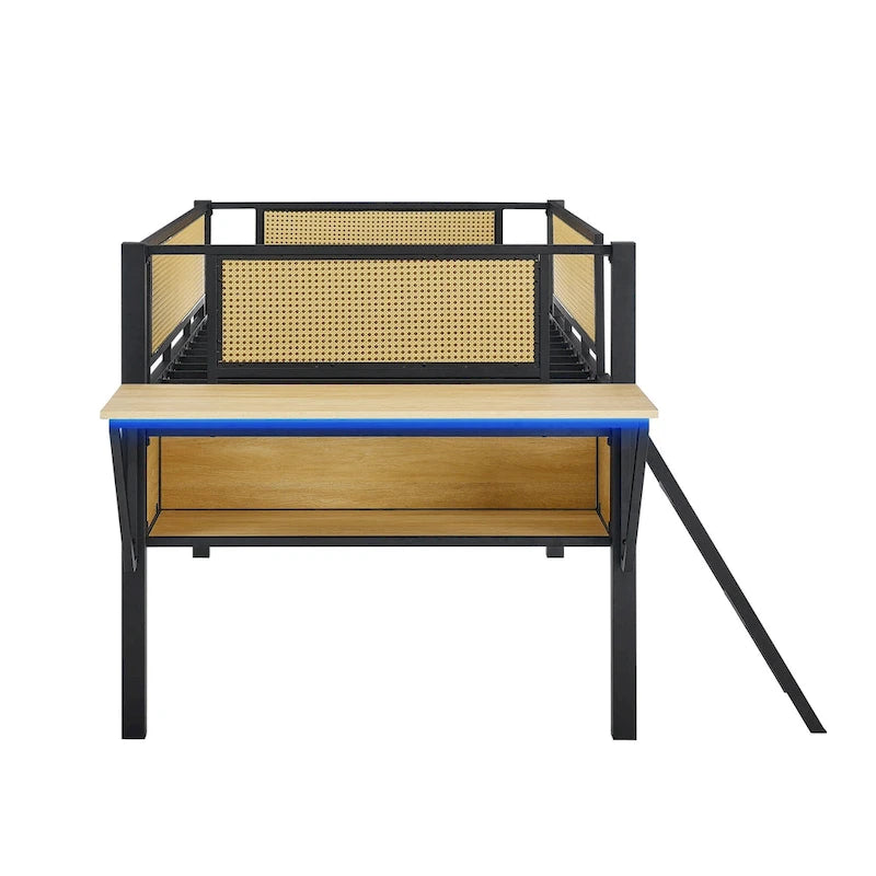 Twin Metal Loft Bed with Desk, LED Lights, Shelves, and Storage Bags