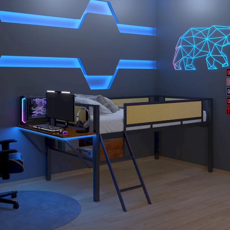 Twin Metal Loft Bed with Desk, LED Lights, Shelves, and Storage Bags