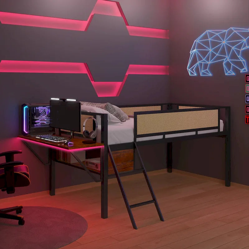Twin Metal Loft Bed with Desk, LED Lights, Shelves, and Storage Bags