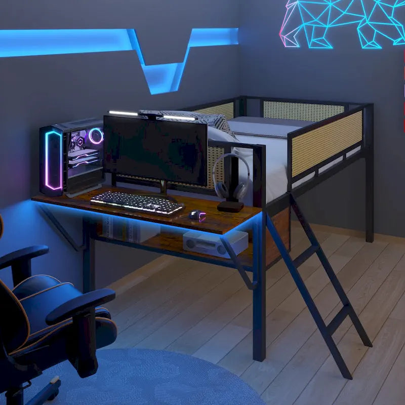 Twin Metal Loft Bed with Desk, LED Lights, Shelves, and Storage Bags
