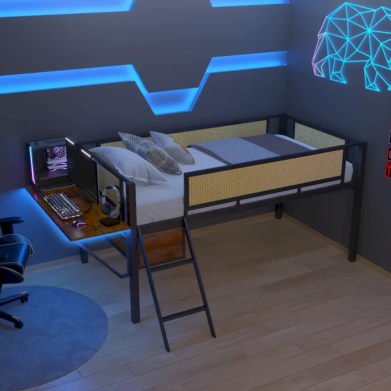 Twin Metal Loft Bed with Desk, LED Lights, Shelves, and Storage Bags