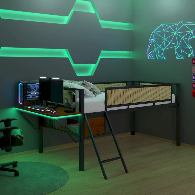 Twin Metal Loft Bed with Desk, LED Lights, Shelves, and Storage Bags