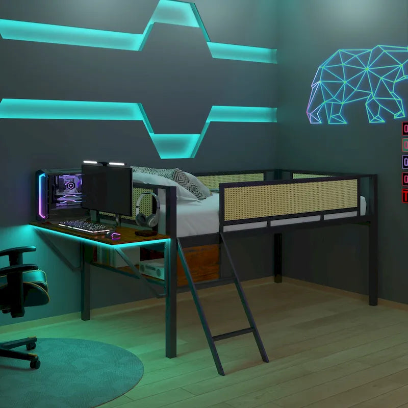 Twin Metal Loft Bed with Desk, LED Lights, Shelves, and Storage Bags