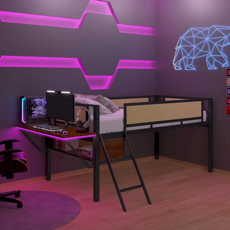 Twin Metal Loft Bed with Desk, LED Lights, Shelves, and Storage Bags