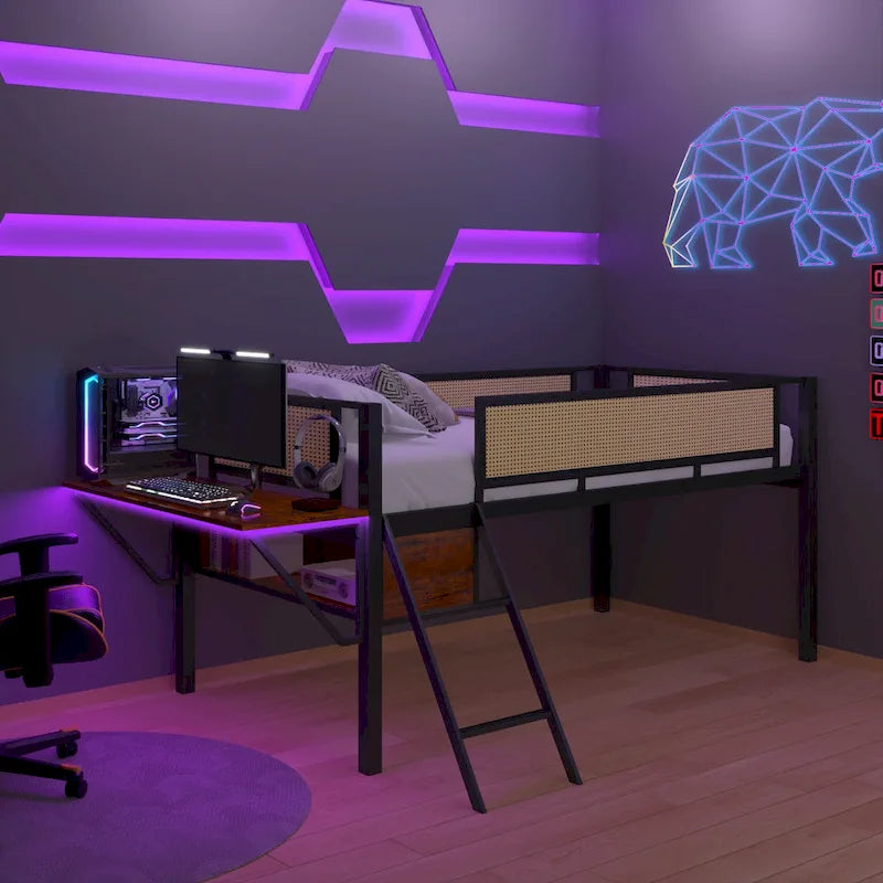 Twin Metal Loft Bed with Desk, LED Lights, Shelves, and Storage Bags
