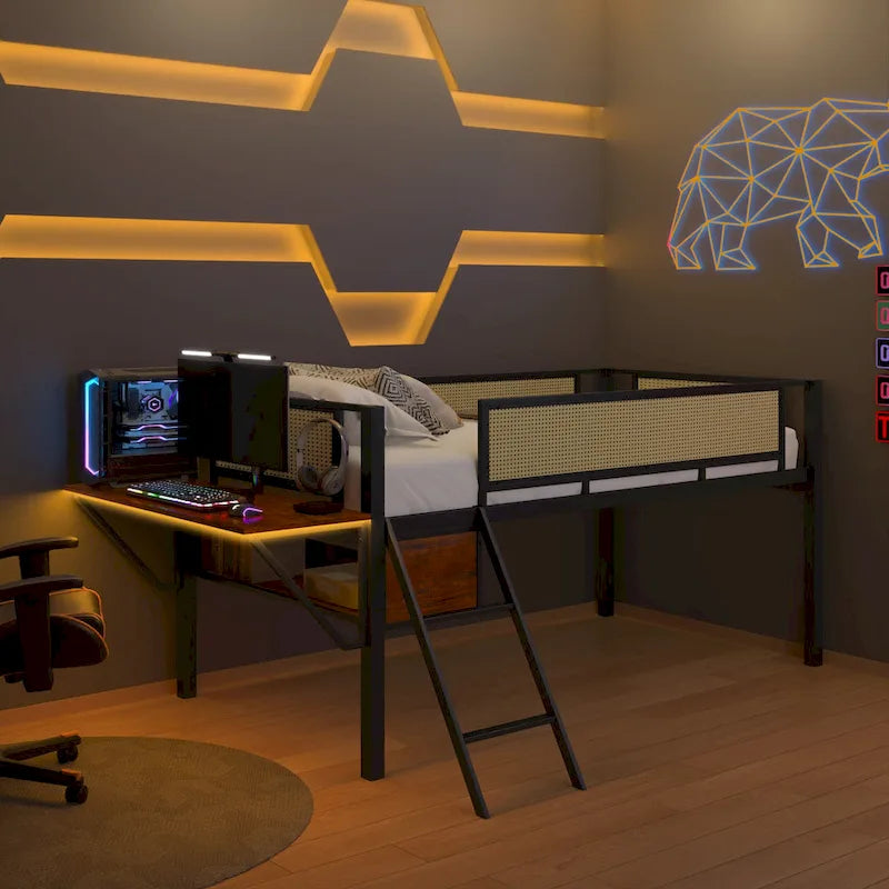 Twin Metal Loft Bed with Desk, LED Lights, Shelves, and Storage Bags