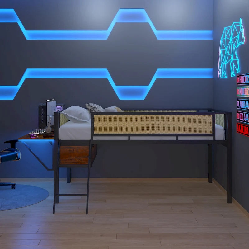 Twin Metal Loft Bed with Desk, LED Lights, Shelves, and Storage Bags
