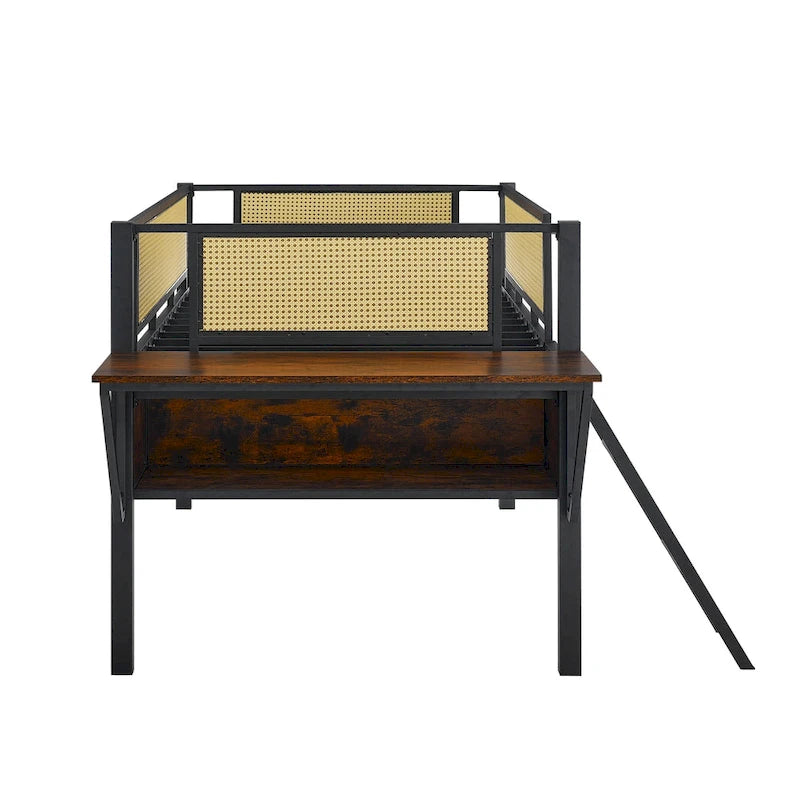 Twin Metal Loft Bed with Desk, LED Lights, Shelves, and Storage Bags