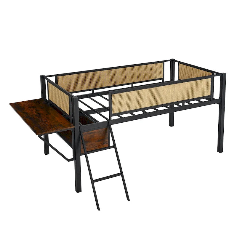 Twin Metal Loft Bed with Desk, LED Lights, Shelves, and Storage Bags