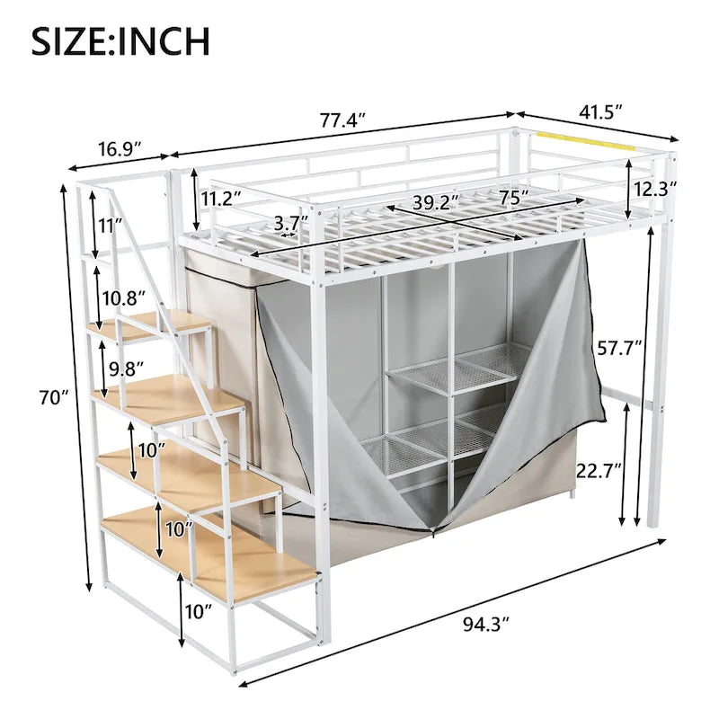 Twin Size Metal Loft Bed with Wardrobe and Storage Shelves for Kids
