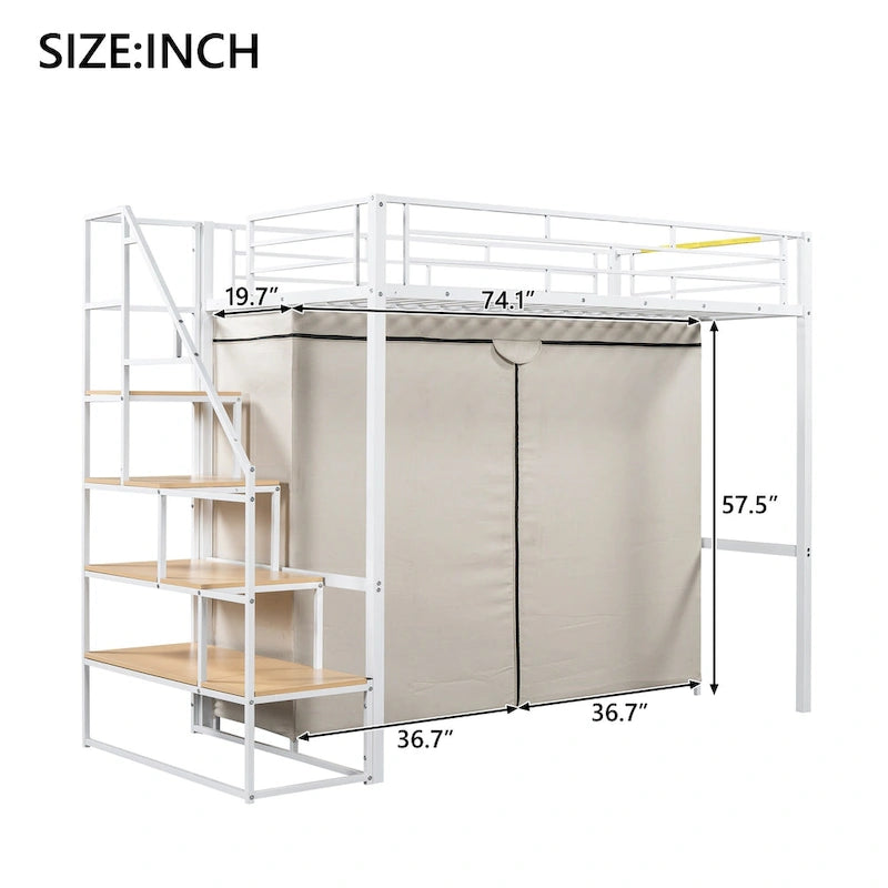 Twin Metal Loft Bed with Wardrobe and Storage Shelves for Kids