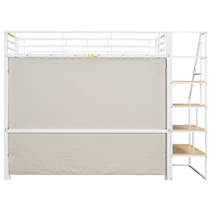 Twin Metal Loft Bed with Wardrobe and Storage Shelves for Kids