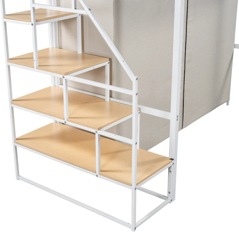 Twin Metal Loft Bed with Wardrobe and Storage Shelves for Kids