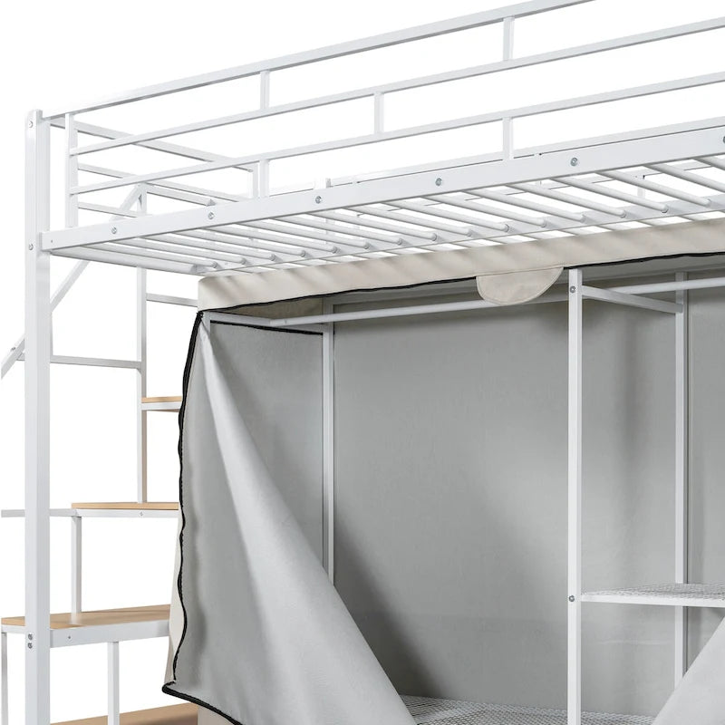 Twin Metal Loft Bed with Wardrobe and Storage Shelves for Kids
