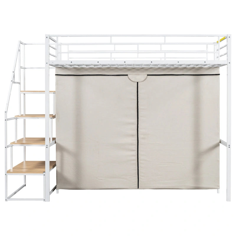Twin Metal Loft Bed with Wardrobe and Storage Shelves for Kids