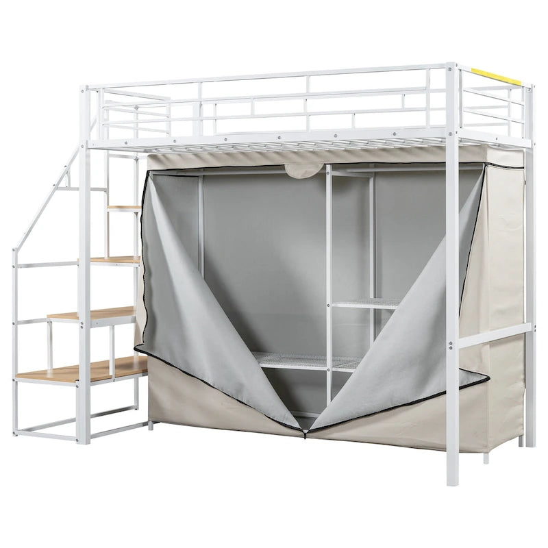 Twin Metal Loft Bed with Wardrobe and Storage Shelves for Kids