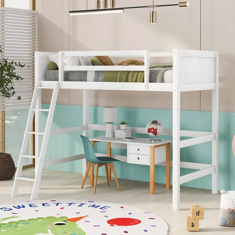 Twin Solid Wood Loft Bed with Ladder and Fence