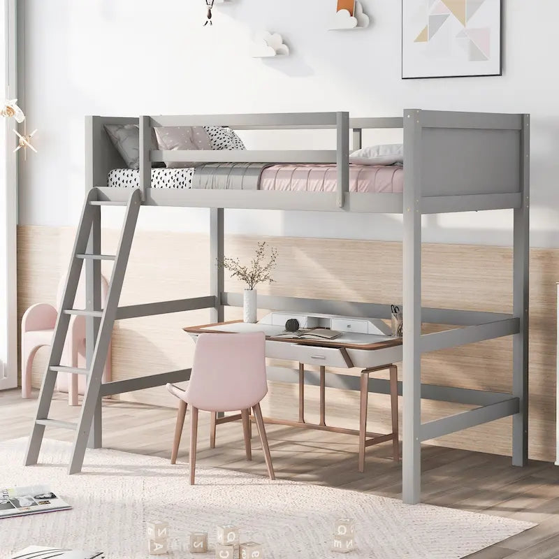 Twin Solid Wood Loft Bed with Ladder and Fence