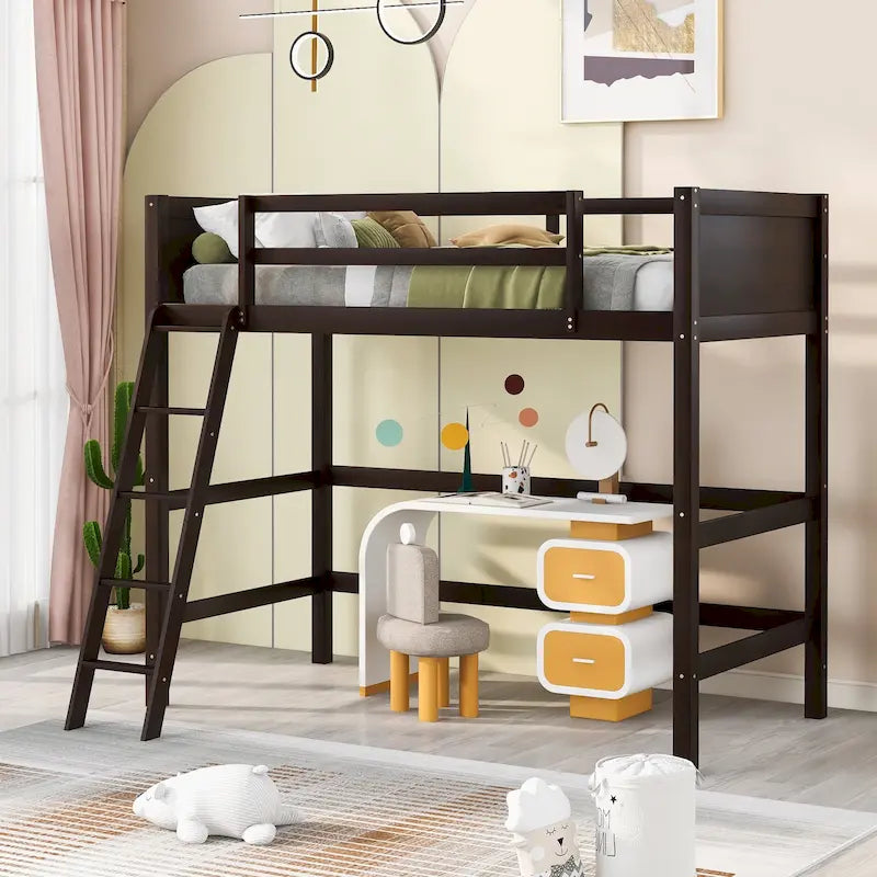 Twin Solid Wood Loft Bed with Ladder and Fence