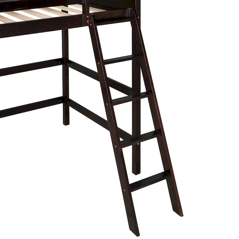Twin Size Solid Wood Loft Bed with Ladder and Fence