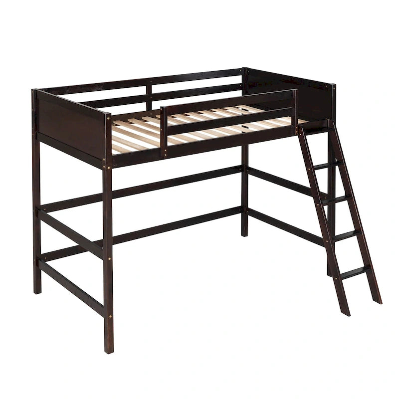 Twin Solid Wood Loft Bed with Ladder and Fence
