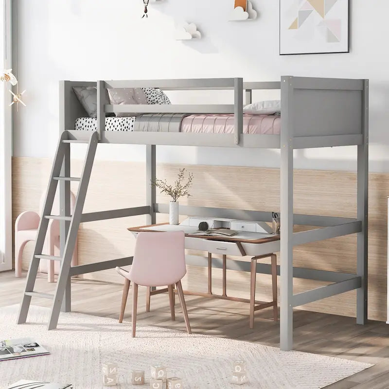 Twin Solid Wood Loft Bed with Ladder and Fence