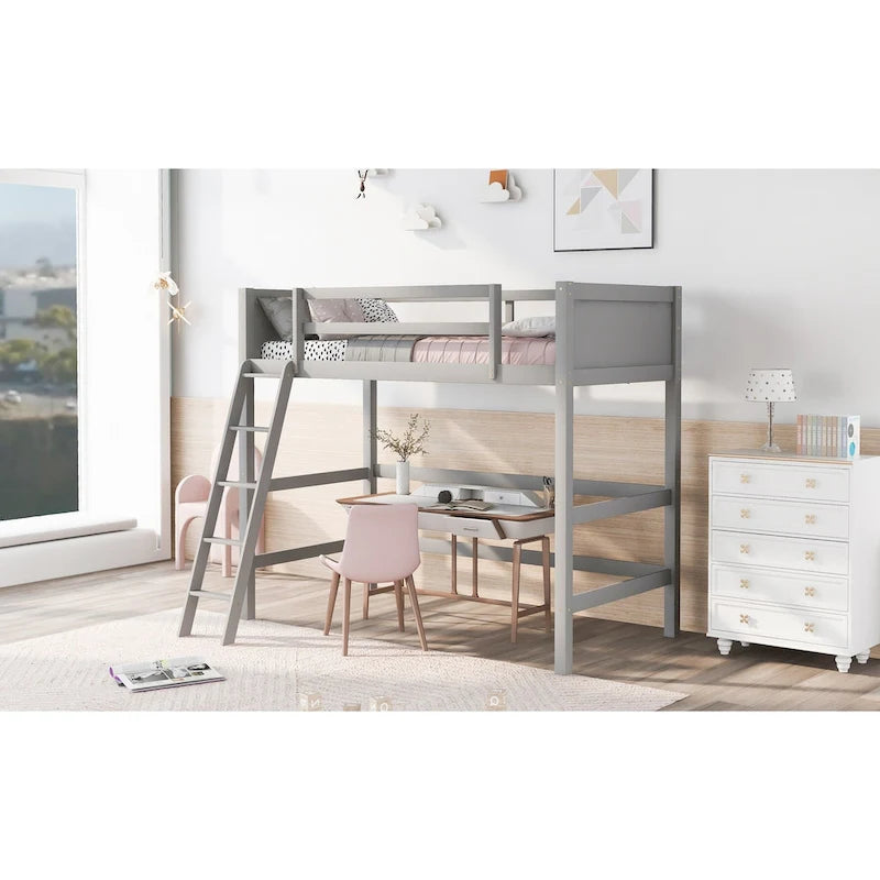 Twin Solid Wood Loft Bed with Ladder and Fence