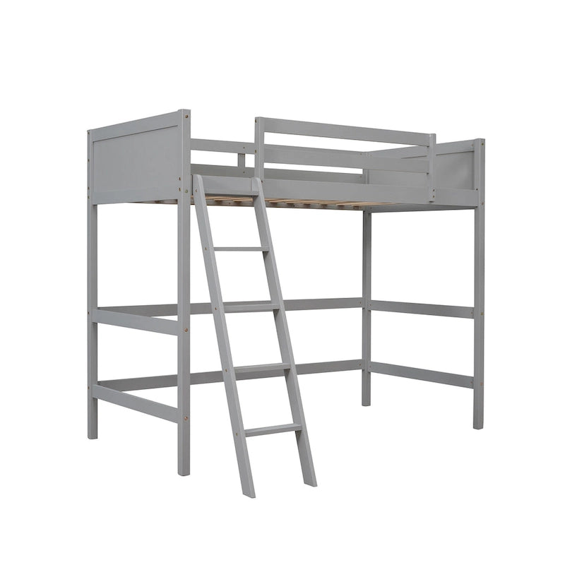 Twin Solid Wood Loft Bed with Ladder and Fence