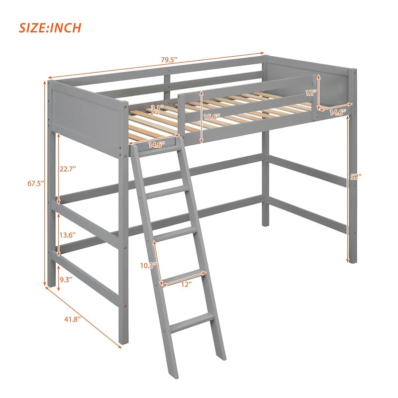 Twin Solid Wood Loft Bed with Ladder and Fence